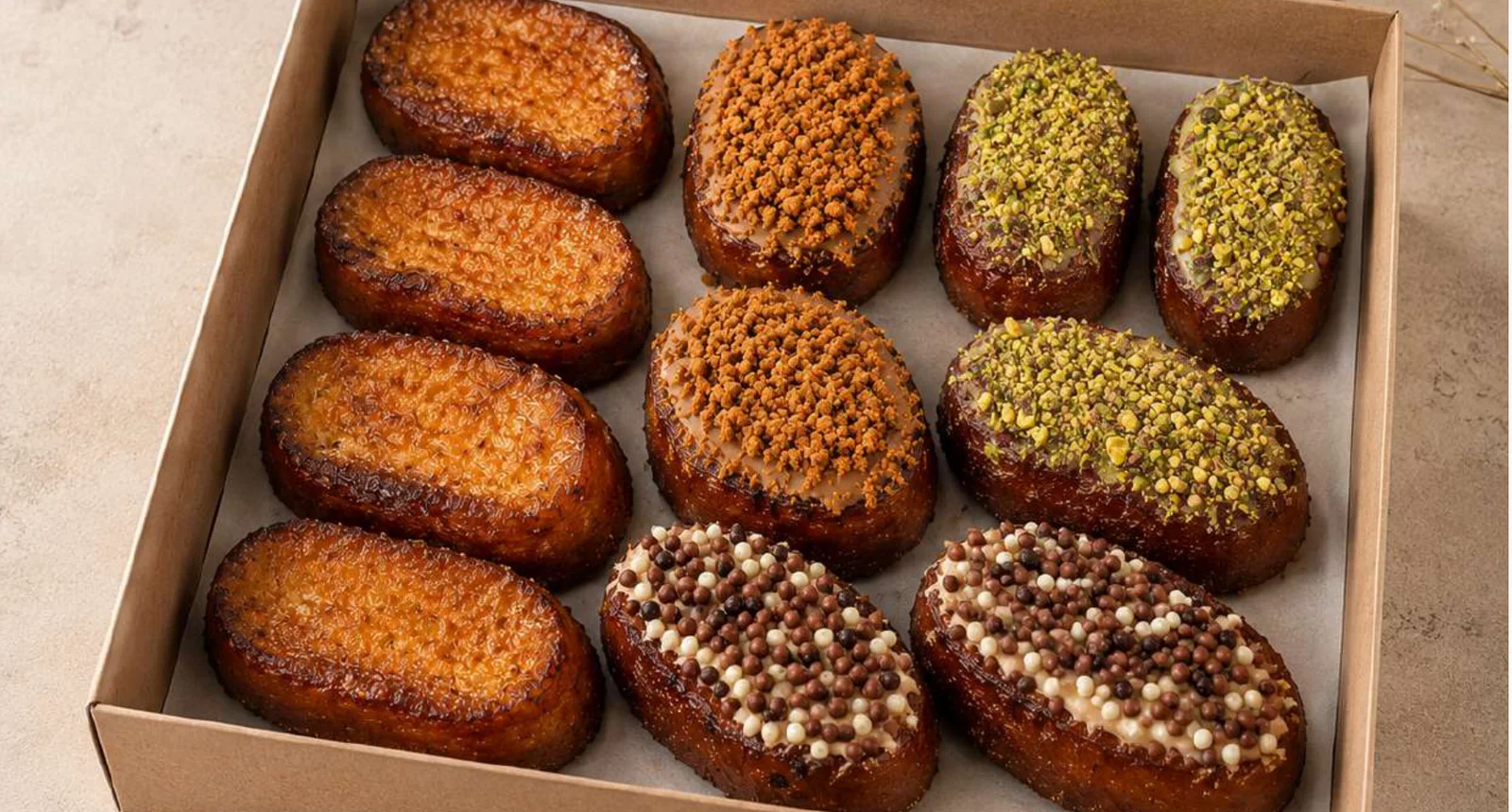 Caja para compartir con 12 torrijas surtidas: clásicas, pistacho, chocolate y más