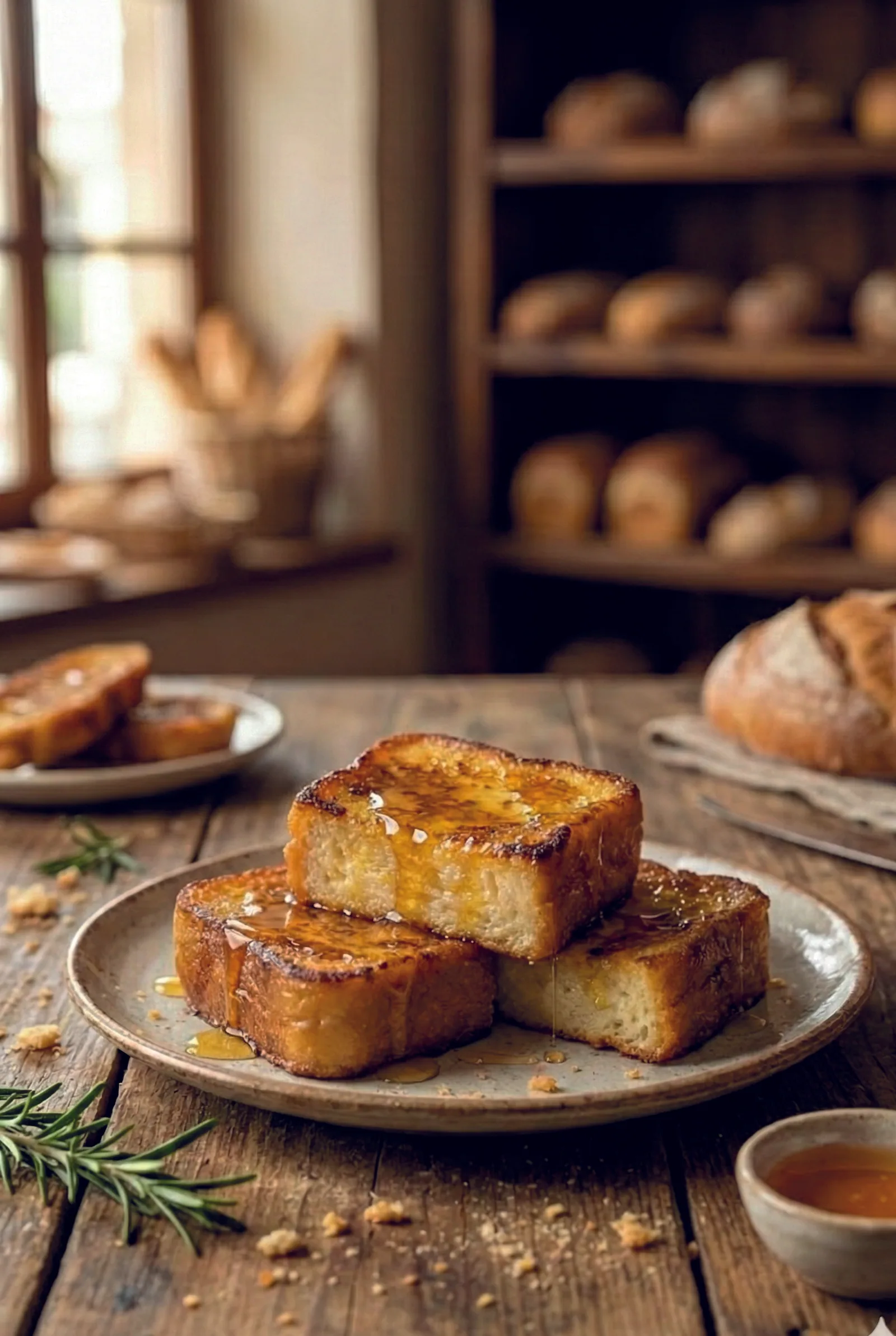 Torrijas tradicionales de pan de molde con miel en tabla artesana