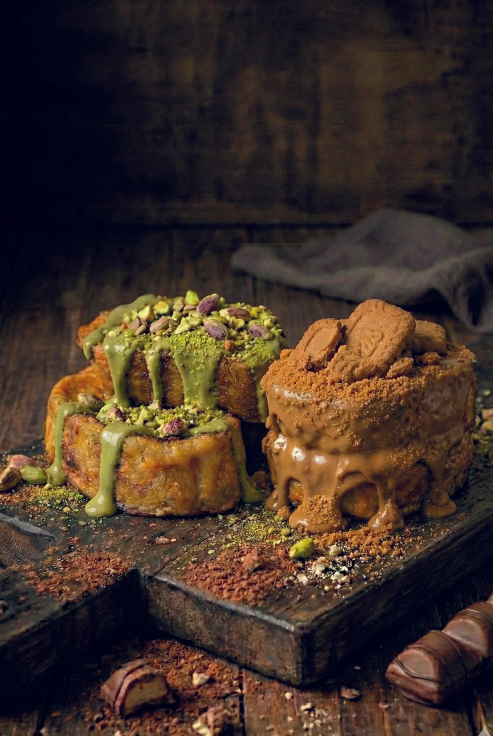 Torrijas con toppings de pistacho y galleta Lotus sobre tabla rústica